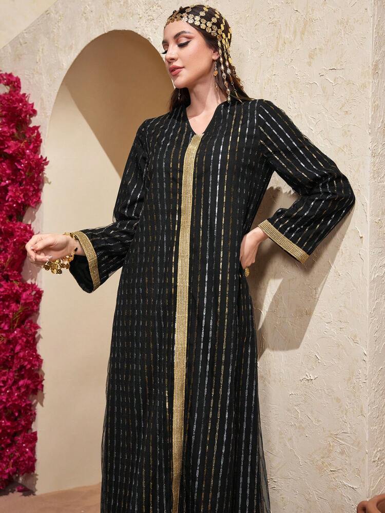 Women's Turkish Traditional Jalabiya With Gold & Silver Thread Woven Stripes, Elegant Luxury Evening Party Style