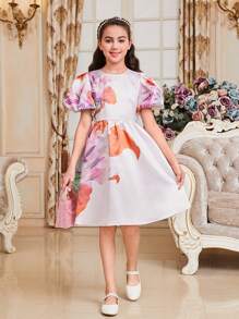 SHEIN Tween Girls' Cute Light Palace Style Round Neck Puff Sleeve Floral Print Dress - Pink - View 4