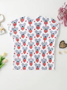 Young Girl's Heart & Koala Printed Round Neck Short Sleeve Cover Up Top - Multicolor - View 2