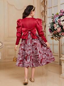 SHEIN Tween Girl Round Neck Leg-Of-Mutton Sleeve Dress For Vacation - Red - View 2