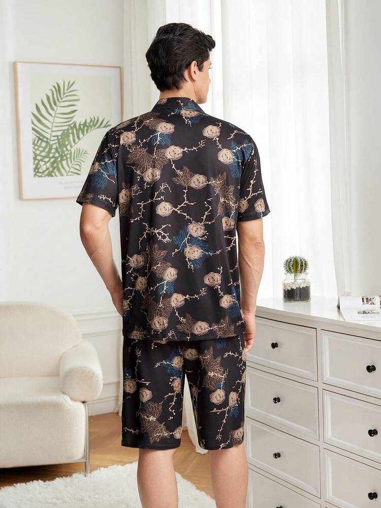 Men's Floral Printed Revamped Collar Short Sleeve Shirt And Shorts Pajama Set