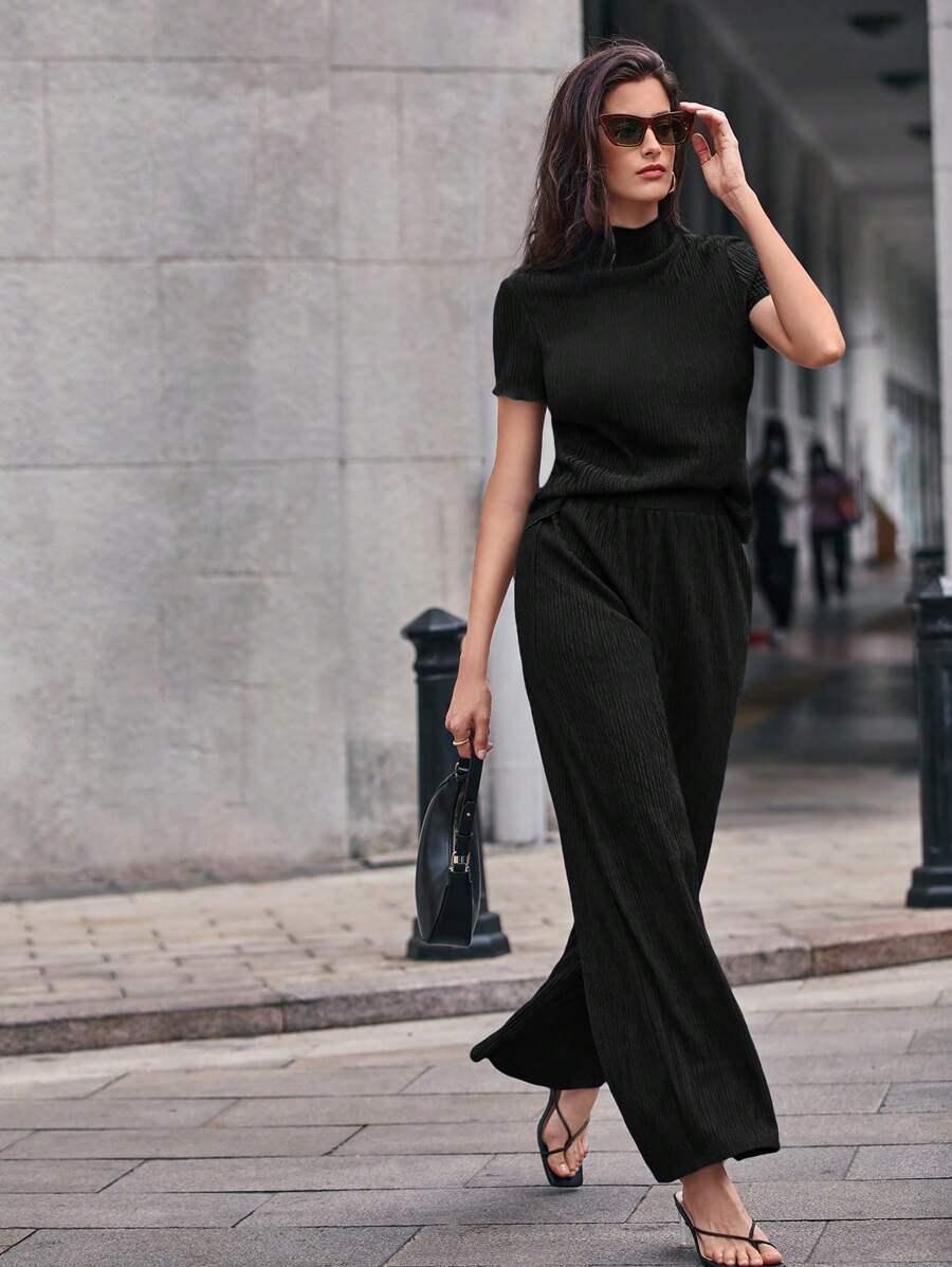 SHEIN Frenchy 女性純色立領短袖上衣和長褲套裝 - 黑色 - 查看 1