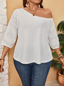 Calvaya 加大碼純色不對稱領空心及刺繡拼接t卹 - 白色 - 查看 3