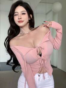 Dazy Designer Off Shoulder Strap Design Fashionable T-Shirt - Pink - View 6