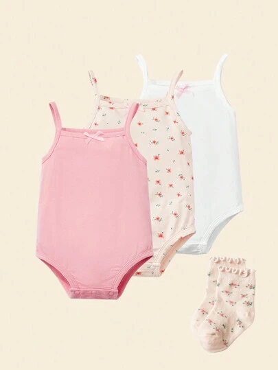 Cozy Pixies 嬰兒女孩3入組蝴蝶結前背心連體衣,不含1雙襪子