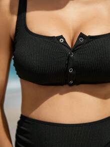 SHEIN Summer Beach Pregnant Women's Ribbed Ruched Separated Bikini Set - Black and White - View 5