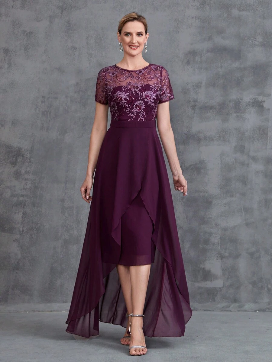 Women' Embroidered Sequins Contrast Chiffon Dress