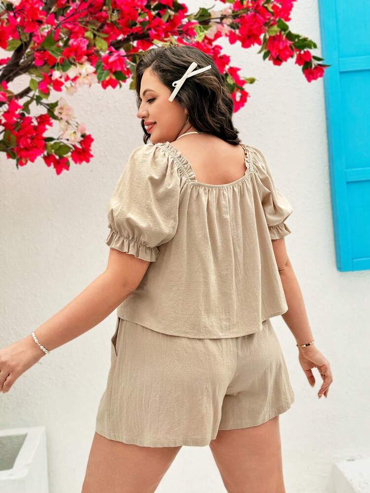 Plus Size Women's 2pcs Puff Short Sleeve Square Neck Blouse With Elastic Waist Loose Shorts