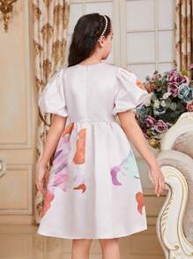 SHEIN Tween Girls' Cute Light Palace Style Round Neck Puff Sleeve Floral Print Dress - Pink - View 6