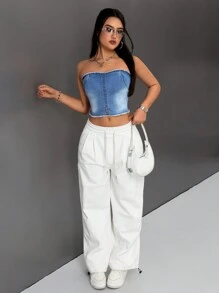 SHEIN ICON Frayed Denim Strapless Top - Medium Wash - View 4