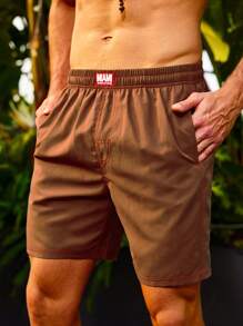 Surfspeed Men's Letter Patch Knee-Length Swim Shorts - Khaki - View 4