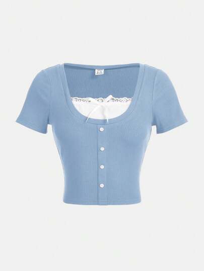 SHEIN Girlism Teen Girls' Sweet And Lovely Short Sleeve T-Shirt With Bowknot And Color Block Design, Summer