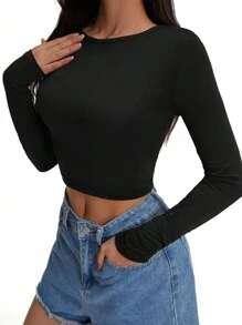 INAWLY Solid Crop Tee. Ladies' Long Sleeve T-Shirt Fall Cloth For Women - Black - View 4