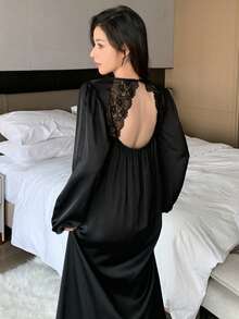 DAZY 蕾絲拼接女性睡衣連衣裙,敞開背部、褶邊和泡泡袖 - 黑色 - 查看 3