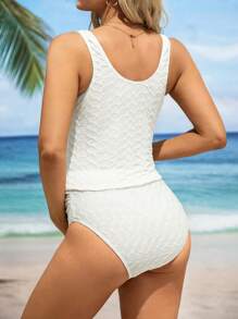 SHEIN Maternity Solid Color Textured Tankini Set, Maternity Bathing Suit Summer - White - View 2