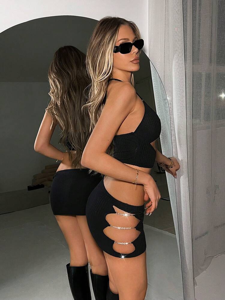 Ladies' Halter Neck Hollow Out Vest Top And Skirt Set