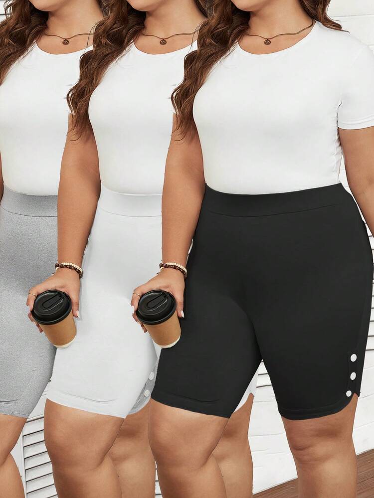 Plus Size 3pcs/Set High Elasticity Sports & Casual & Daily Basic Shorts Set With Side Wooden Button & Buckle Decor, For Women