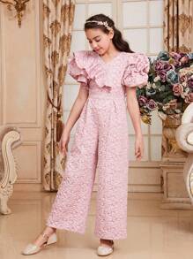 SHEIN Bộ áo liền quần dài tuyệt đẹp và truyền thống của Cô gái Tween với đường viền cổ chữ V và viền xếp nếp - Hồng - Xem 1