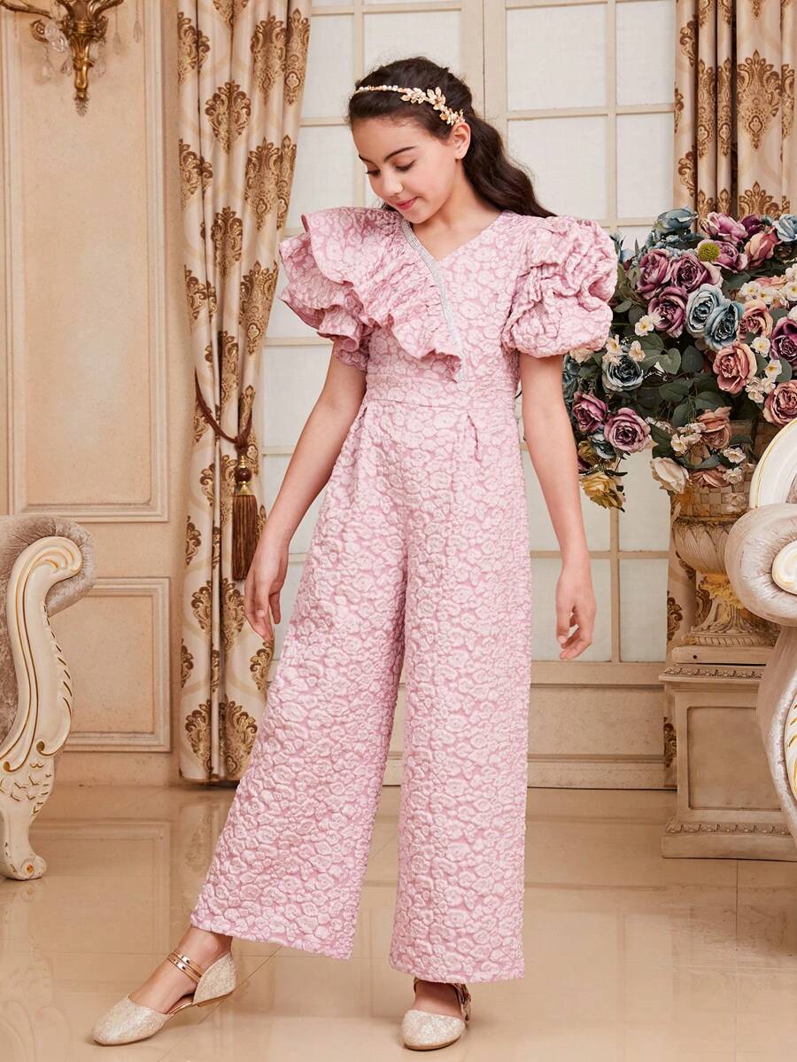 SHEIN Bộ áo liền quần dài tuyệt đẹp và truyền thống của Cô gái Tween với đường viền cổ chữ V và viền xếp nếp - Hồng - Xem 1