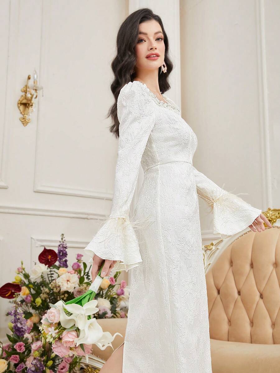 Modelyn 女士撞色蕾丝方领喇叭袖超长优雅阿拉伯风格连衣裙长款晚礼服 - 白色 - 查看 1