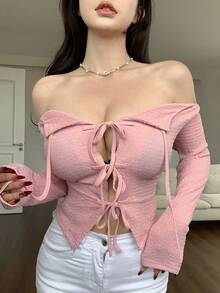 Dazy Designer Off Shoulder Strap Design Fashionable T-Shirt - Pink - View 7