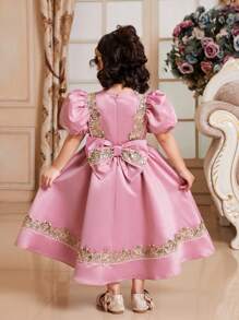 SHEIN Süßes Kleid mit Puffärmeln, rundem Ausschnitt und Schleifen am Rücken für Kleine Mädchen