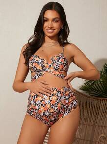 SHEIN Maternity Leopard Print Cross Front Bikini Set Summer Beach - Multicolor - View 4