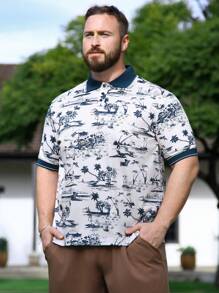 Genlund Men's Plus Size Palm Tree Printed Short Sleeve Polo Shirt - Multicolor - View 7