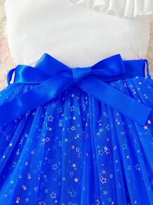 SHEIN 年轻女孩斜肩无袖上衣，荷叶边下摆和不对称网眼芭蕾裙，亮片装饰两件套 - 彩色 - 查看 5