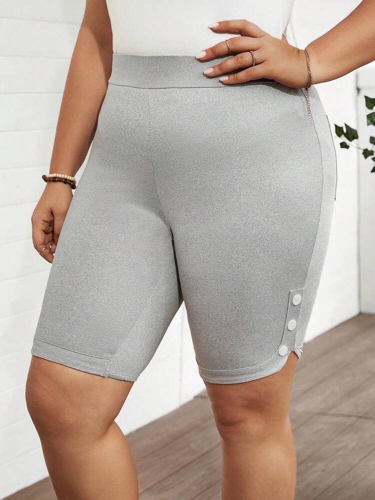 Plus Size 3pcs/Set High Elasticity Sports & Casual & Daily Basic Shorts Set With Side Wooden Button & Buckle Decor, For Women