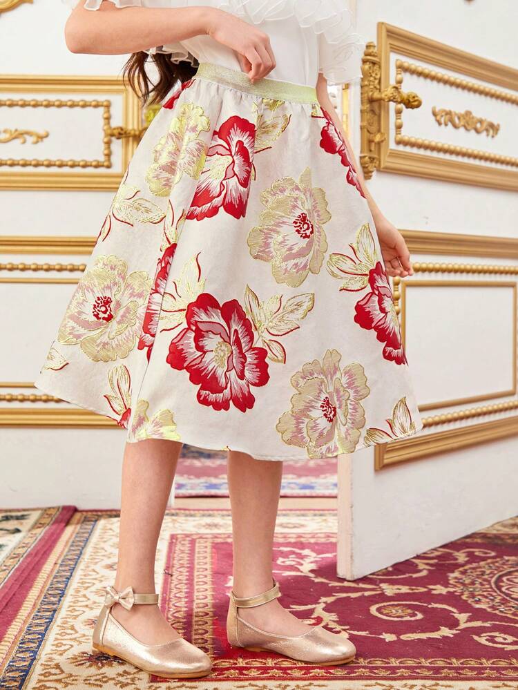 Tween Girls Loose And Cute A-Line Floral Print Skirt For Vacation