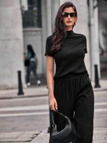 SHEIN Frenchy 女性純色立領短袖上衣和長褲套裝 - 黑色 - 查看 4