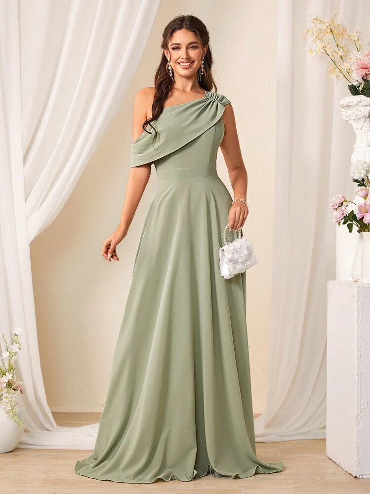 SHEIN Belle Vestido de dama de honor de un solo color con escote asimétrico, vestido elegante para Navidad - Verde - Añade 5