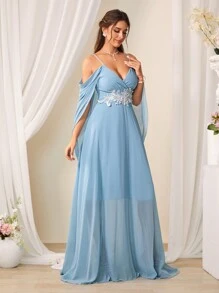 SHEIN Belle Geborduurd Applicatie Open schouders Bruidsmeisje Cami-jurk - Baby blauw - Bekijken 5