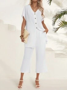 EMERY ROSE Damen Einfarbiges Set mit Fledermausärmeln und Hose, zweiteiliges Sommer-Outfit - Weiss - Übersicht 1