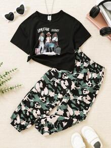 SHEIN T-shirt z krótkim rękawem i joggerami w kolorze moro dla młodej dziewczyny, modny letni strój na świeżym powietrzu