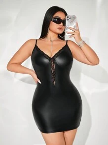 SHEIN ICON 修身外套蕾絲拼接大尺碼背心裙 - 黑色 - 查看 2