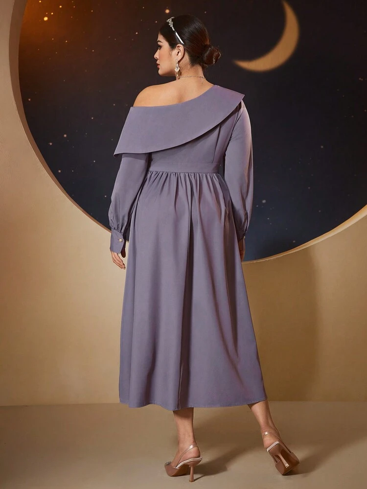 Plus Size Women's Floral Embroidery Asymmetric Neckline Long Sleeve Dress,Elegant Evening Party Dress Long Evening Dresses