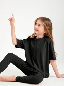 SHEIN Tween Girl Cotton Drop Shoulder Top & Leggings Set - Black - View 1