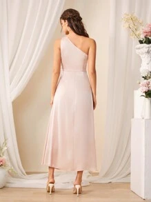 SHEIN Belle Satin One Shouldered Ruched, Slit Bridesmaid Dress - Pink - View 2