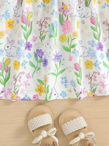 SHEIN Nuevo vestido de manga corta con volantes, cuello redondo y cinturón para niñas jóvenes, con estampado de conejo y flores, longitud media-larga
