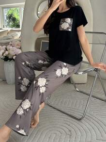 SHEIN Women'S Contrast Color Floral Print Short Sleeve Pants Pajama Set - Black - View 1