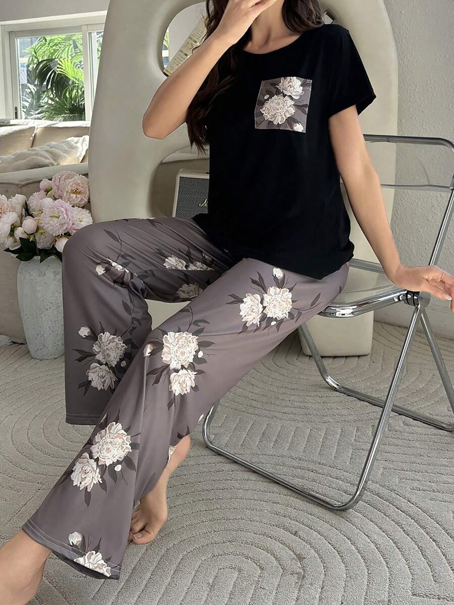 SHEIN Women'S Contrast Color Floral Print Short Sleeve Pants Pajama Set - Black - View 1
