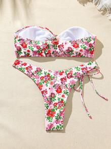 Swim Mod Summer Beach Women's Floral Printed Strapless Swimwear Set With Drawstring Detail - Multicolor - View 2