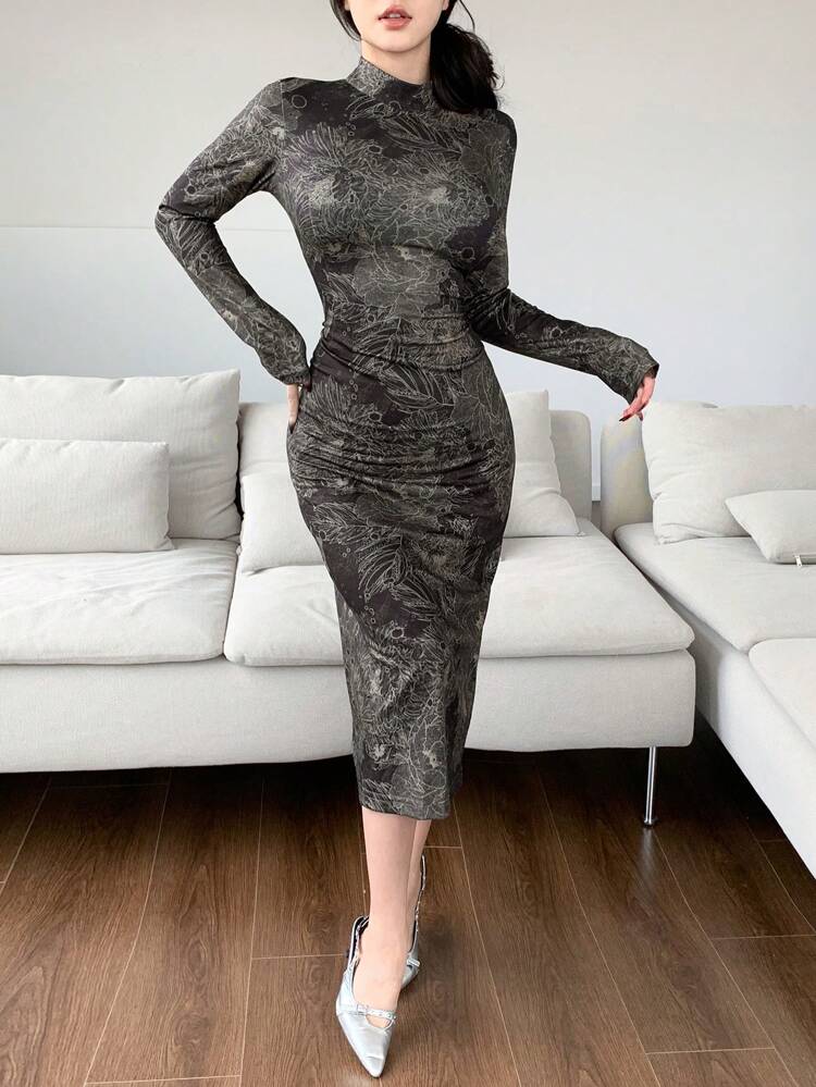 Women's Stand Collar Long Sleeve Multicolor Floral Print Design Sense Dress