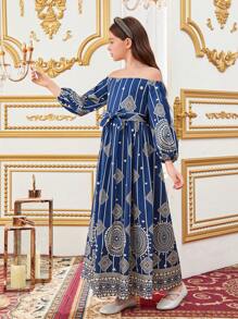SHEIN Wunderschönes Geometrisches Muster-kleid Mit Off-shoulder-design Für Tween Mädchen - Blau - Übersicht 5
