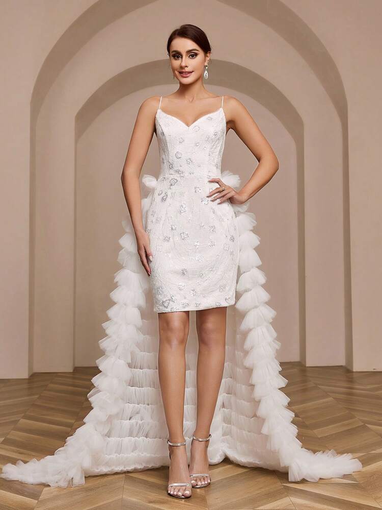 Sequined Lace Applique Tulle Wedding Dress With Long Train