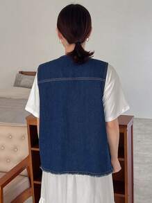 FRIFUL Women's Denim Vest Jacket With Frayed Hem And Drawstring - Blue - View 5