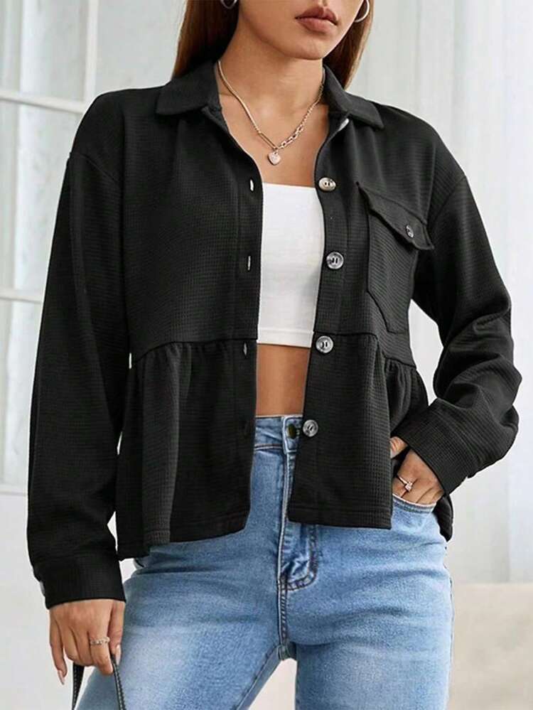 Flap Pocket Drop Shoulder Peplum Hem Coat