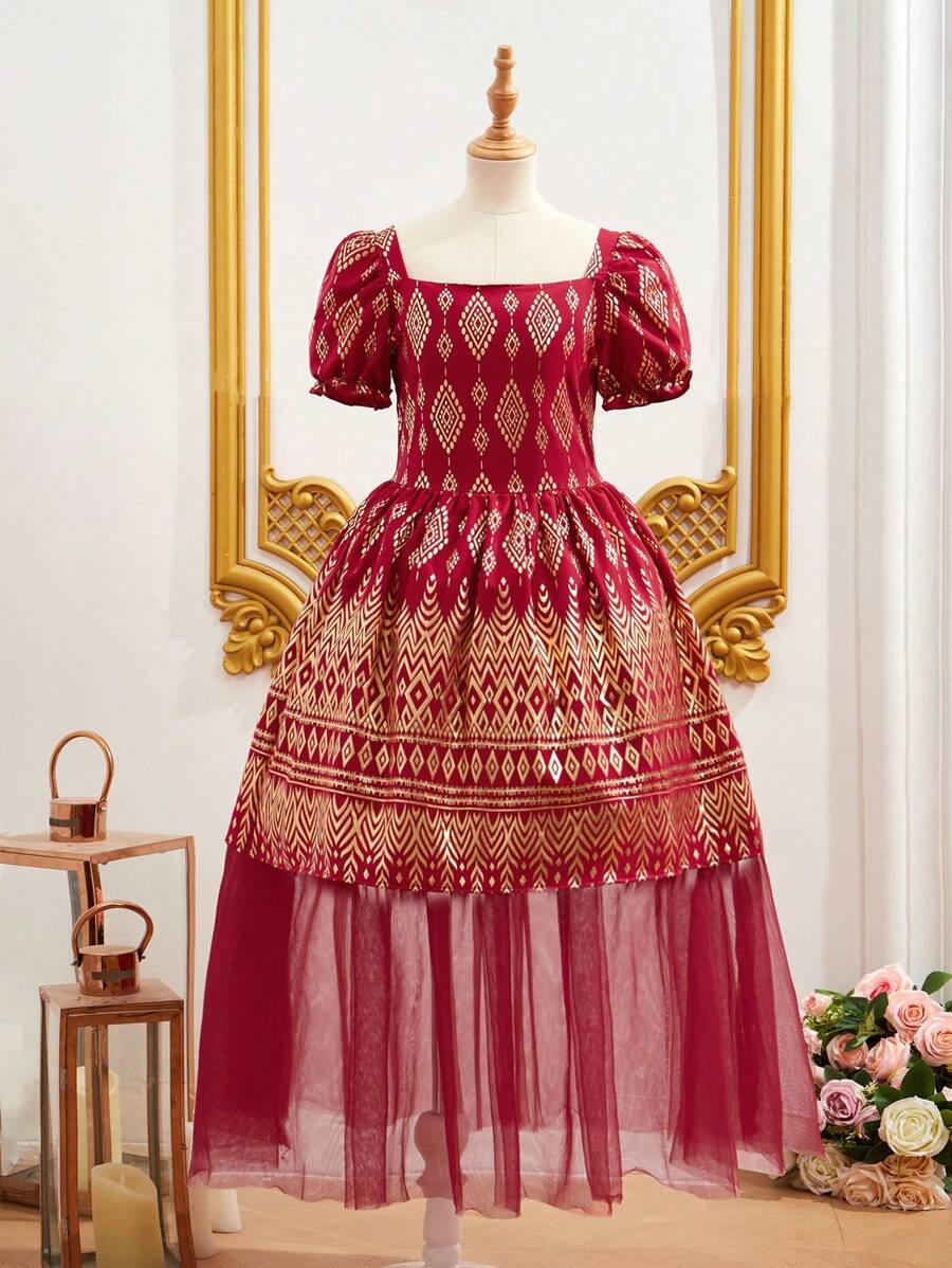 SHEIN Cô gái Tween Thanh lịch Buổi tiệc Long lanh Lưới Đầm Với Lá vàng - Đỏ - Xem 1